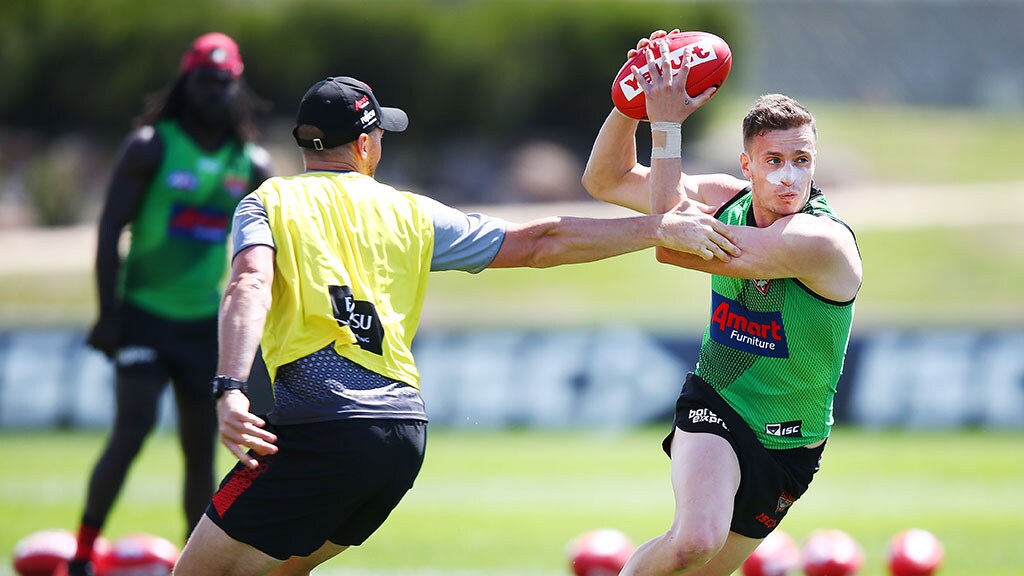 Fantasiatraining1024.jpg Orazio Fantasia's running will not be affected by the finger injury - AFL,Essendon Bombers,Injuries,Orazio Fantasia,Joe Daniher